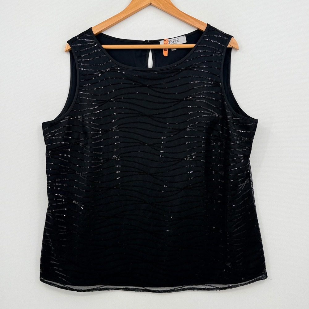 Kasper Sequin Tank Top Women XL Black Wavy Mesh Sleeveless Blouse Glam Party